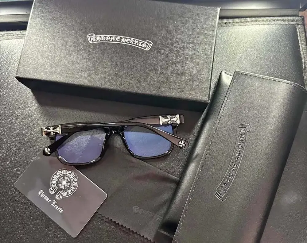 Chrome Hearts Sunglasses with Silver Cross Details and Blue Lenses with Packagin